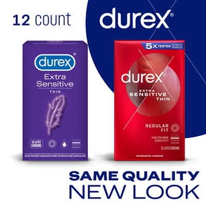Durex Extra Sensitive Lubricated Ultra Thin Premium Condoms, Regular Fit, 12 Ct - Picture 1 of 17