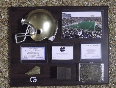 Notre Dame Stadium Brick Chips, Bench Piece, Grass- Wood Display Pc. - 12" x 15" Cover