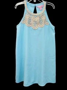 Lilly Pulitzer Girl 8 Solid Bali Blue Mini Pearl Shift Dress Gold Lace 3203 - Picture 1 of 9
