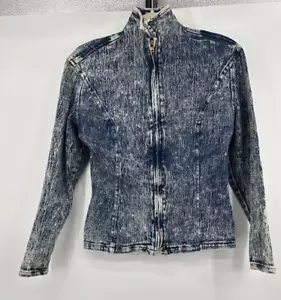 VINTAGE 90s Paris Blues Acid Wash Denim Bomber Jacket with Peplum Size 3/M Y2K - Picture 1 of 12