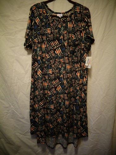 OFF WHITE LULAROE CARLY ABITO NERO BIANCO SPORCO ROSSO BLU STELLE RIGHE 3XL NUOVO CON ETICHETTE 4 LUGLIO