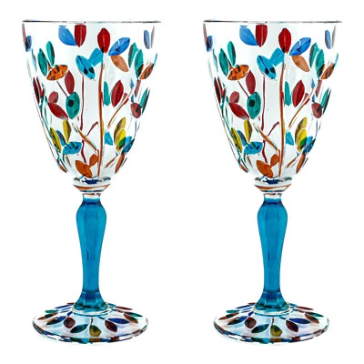 Pair of 2 Murano Glass Wine Multi Light Blue Stem Hand Painted 19cm Venice Italy - Image 1 of 4