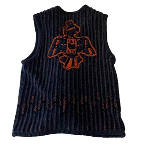 Vintage Starfire 90s Navy Soft Ribbed Aztec Boho Button-Down Vest Sz 10 M - Picture 1 of 9