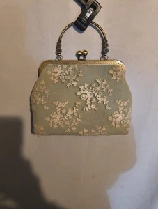 Vintage Metall Handtasche Handarbeit Spitze Kunst viktorianische Handtasche Blumenstickerei grün - Bild 1 von 13