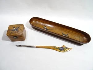 ANCIEN PORTE PLUME COFFRET ET PORTE CRAYON EN BOIS D ' OLIVIER HIRONDELLE FLEUR - Picture 1 of 24