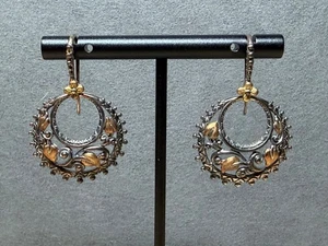 BARBARA BIXBY Sterling Silver 18K Yellow Gold Vine & Leaf Design Hoop Earrings - Picture 1 of 20