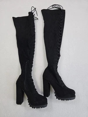 Wild Diva Size 7 Black Lace-Up Platform Over the Knee Boots Block Heel - Image 1 of 4