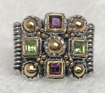 18k 白金电镀戒指 双色 紫色和浅绿色 CZ 戒指 — 第 1/4 张图片