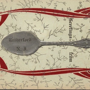 c.1910 Greetings From Rutherford New Jersey Silver Spoon Ribbon Postcard Bergen - Picture 1 of 3