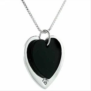 925 Silver Onyx & CZ Double Heart Pendant, 18" - Picture 1 of 1