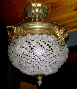 Antique French Empire Ormolu Flower Beaded Basket Chandelier - Picture 1 of 21