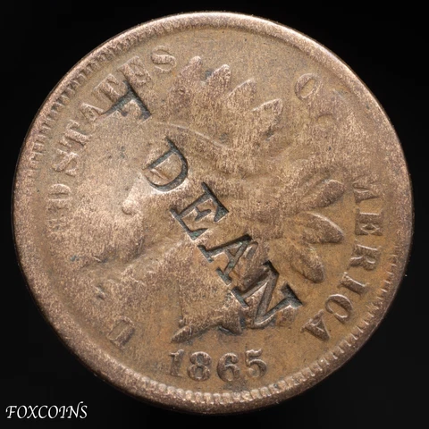 1865 Rare COUNTER STAMPED. "F DEAN".    Old Indian Head Penny Cent US Coin Cover