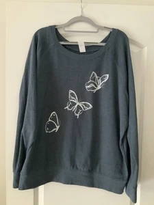 Sweatshirt Damen Gr. 2XL blau mit weißen Schmetterlingen Langarm French Terry - Bild 1 von 3