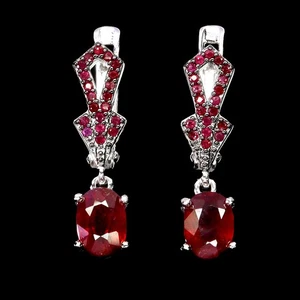 925 Sterling Silver Earrings Oval Ruby 7x5mm Ruby Diamond Cut Gemstone Jewelry - Picture 1 of 14