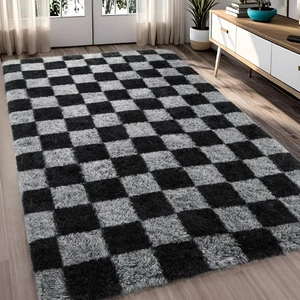 Rugs for Bedroom Living Room, 4x6 ft Black and Grey Checkered Area Rug, Fluff... - Picture 1 of 8