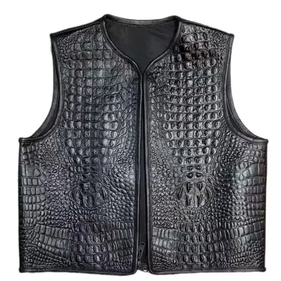 Men's Motorbike Black Crocodile Embossed Leather Motorcycle Vest Support RS - Image 1 of 4