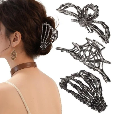 Pinzas de garra para el cabello calavera mano esqueleto tela de araña negra 3 piezas para mujeres y niñas Foto 1 de 4