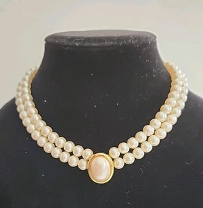 Vintage Signed Liz Claiborne Double Strand Faux Pearl & Gold Tone Necklace - Picture 1 of 10