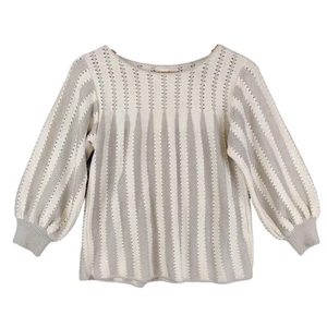 Vintage 70s Beige Ivory Stripe 3/4 Balloon Sleeve Boho Sweater Small - Picture 1 of 6
