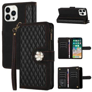 Quilted Leather Phone Wallet Case Stand Cover Card Holder For 6.7"iPhone 15 Plus - Picture 1 of 5