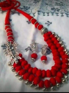 Indian Ethnic Oxidized Mahisasuramardini Cotton Ball Necklace and Earrings