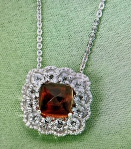 Brazilian Cherry Citrine Zircon Halo Pendant Necklace 20 In Platinum Over Sterli - Picture 1 of 10