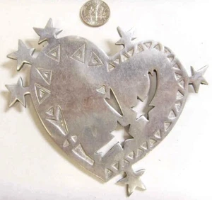 1940er riesige 4,5 Zoll Aluminium Liebe Herz Sterne Statement Pelzmantel Brosche 43709 - Bild 1 von 3