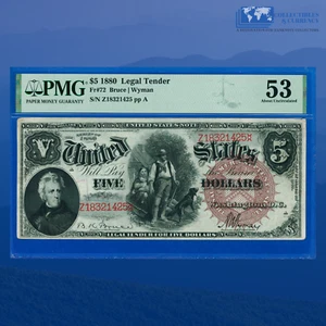 Fr.72 1880 $5 "WOODCHOPPER" Legal Tender Note, Large Brown Seal, PMG AU 53 #1425 - Picture 1 of 3