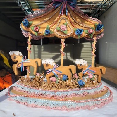 Carrusel de madera colgante de pared caballos circo decoración infantil floral azul rosa pony Foto 1 de 4