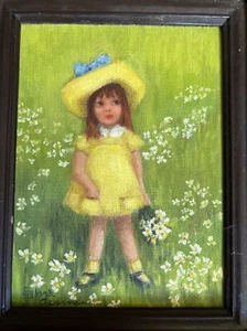 Vintage gerahmtes Ölgemälde kleines Mädchen Kind Hut signiert Wandbild - Bild 1 von 7