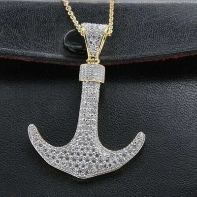 Dije colgante de ancla redonda de diamantes creado en laboratorio de 2 quilates enchapado en oro amarillo de 14 quilates en plata Foto 1 de 3