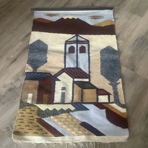 VINTAGE WOVEN WALL HANGING/RUG FOLK ART CHURCH ,MOUNTAIN SCENE - Picture 1 of 6