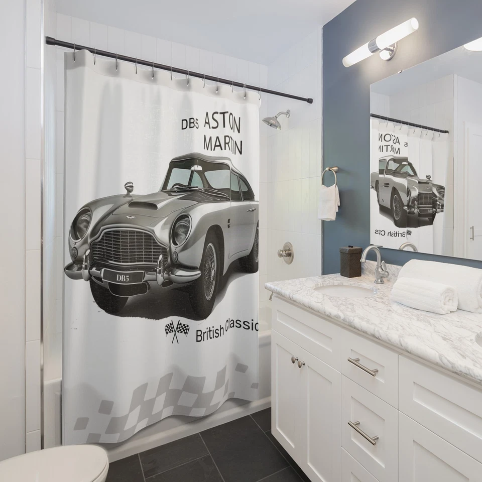 Cortina de ducha, comienza tu día con un Aston Martin 1959, decoración de baño, 71"x74" Foto 1 de 1