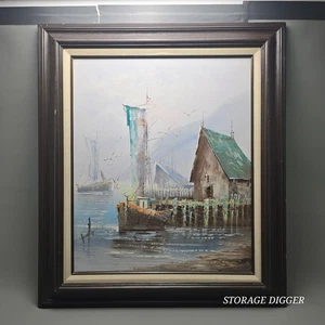 Vintage Harbor Seascape Oil Painting on Canvas K. Thomas Signed Framed 27x31.5" - Picture 1 of 15