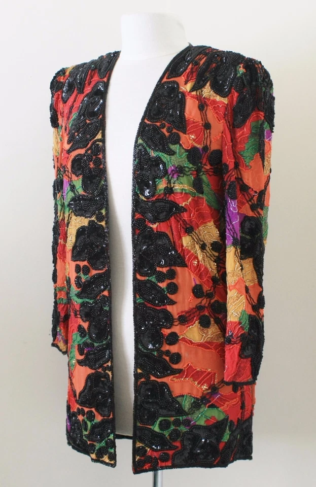 Jasdee Vintage Jacket 32"Length HandWork Bead & Sequins HandPrint On Silk #5058 - Image 1 of 2