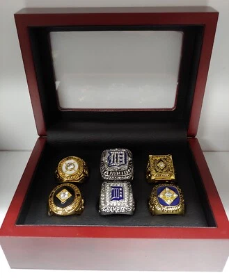 Tigres de Detroit - Juego de 6 anillos banderines Serie Mundial AL con caja de exhibición de madera Foto 1 de 4