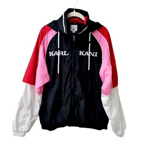Karl Kani Womens M Logo Pink Black Red Windbreaker Track Jacket Hood - Picture 1 of 6