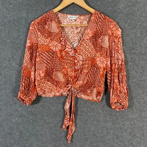Sunny Girl Shirt Womens 8 Red Orange Blouse Button Up Flowers Boho Ladies Z137 - Picture 1 of 12