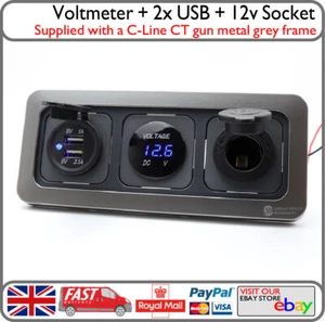 Triple C-Line Panel 12v 24v Socket USB Blue Voltmeter Battery Display Camper Van - Picture 1 of 7