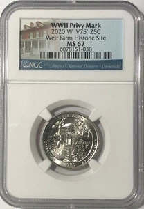 2 - 2020 W WEIR FARM HISTORIC NGC MS67 V75 WWII PRIVY QUARTER 25c NATIONAL PARK - Picture 1 of 3