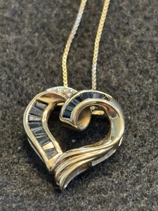 Saphir & Diamanten 10K Gold Halskette Herz Anhänger an 24" 10K Box Kette 2,98g - Bild 1 von 17