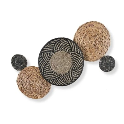 Boho Bohemian Handmade Wall Basket Decor Set - 5 Black and Tan Basket Art Pieces - Image 1 of 4