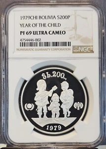 1979 BOLIVIA SILVER 200 PESOS YEAR OF THE CHILD NGC PF 69 ULTRA CAMEO - Picture 1 of 3