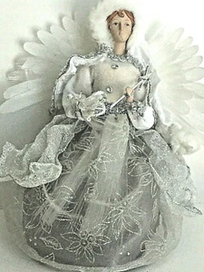 Biskuitkopf grau Kleid weiß Kunstfellbesatz Cape Weihnachten Engel Baumspitze  - Bild 1 von 12