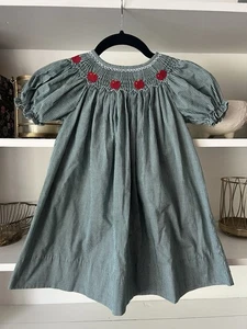 Girl’s Green Gingham Smocked Dress Apple Size 4T Back To School Fall Fruit - Picture 1 of 6