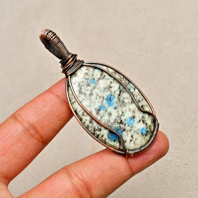 k2 Azurite драгоценных камней медной проволоки обернутый ручной работы ювелирных изделий подвеска 2,59" - Изображение 1 из 4