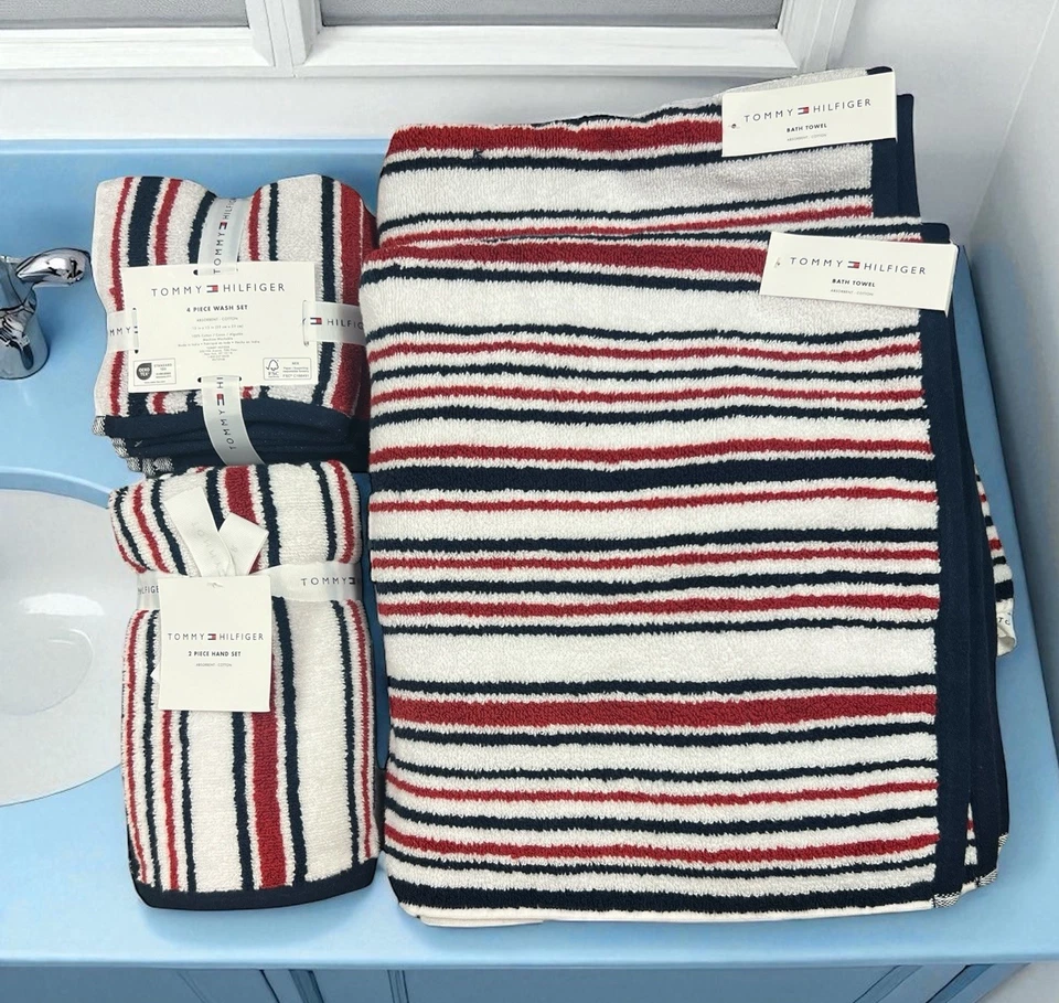 Tommy Hilfiger Juego de Toallas de 8 - 2 Baños, 2 Manos, 4 Lavados Rayas Rojo, Blanco, Azul Marino Foto 1 de 4