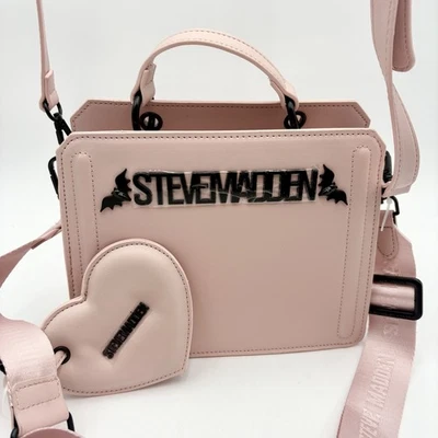 Steve Madden Bevelyn Halloween Pink Bat Crossbody Bag Heart Charm Satchel Purse - Image 1 of 4