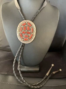 Mens Bolo Tie Natural Red Coral Handmade Cluster Sterling Silver Navajo 13671 - Picture 1 of 12