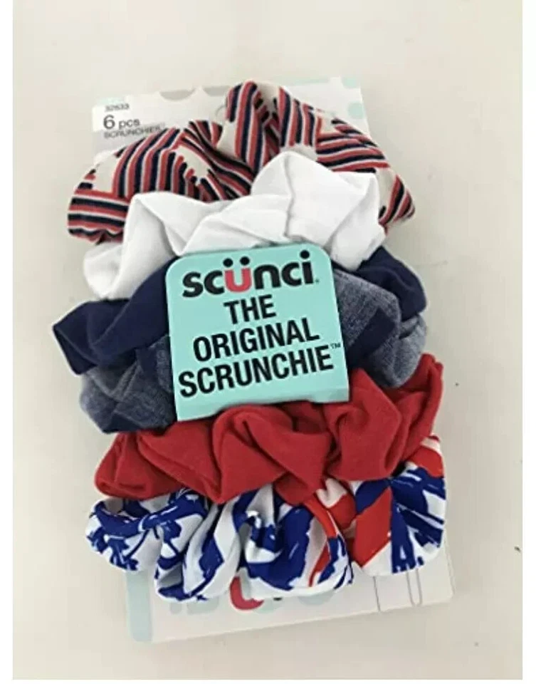 Scrunchies, 6 pcs, by Scunci, Red, White and Blue Fabric  32633 - Image 1 of 1